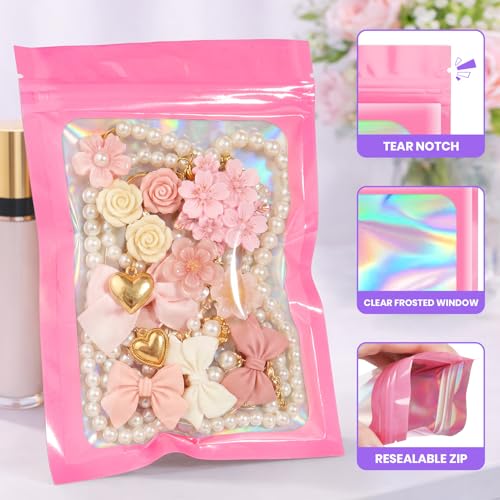 ANZNKU Holographic Mylar Bags 5x7 Pink Resealable 50PCS Candy Goodie Bags - color: Holographic Pink, size: 5x7 Inch