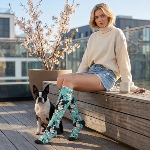 Cute Compression Socks Knee High Support Stockings Women Men - color: Boston Terrier Dog Flowers
