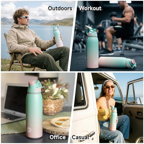 FJbottle 50oz Stainless Steel Insulated Water Bottle No Straw Spout Lid - color: Green-Pink, size: 50 Ounces