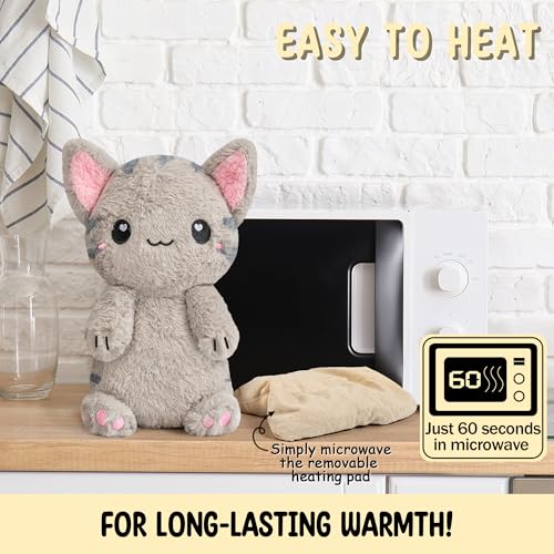 Grey Cat Microwavable 1.5 lbs Unscented Heating Pad for Women and Kids- Cute Soft Cozy Pillow Plush Heatable Warm Stuffed Animals - Kawaii Hot and Cold Plushie - Grey Cat Gifts for Girls and Women - color: Grey Cat