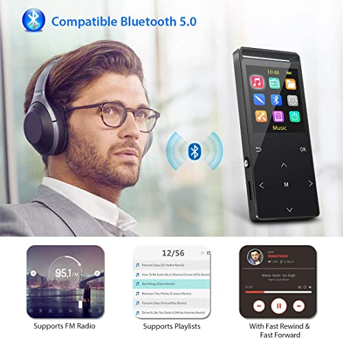 MP3 Player 64GB with Bluetooth Sport Armband,FM Record,Shuffle Play,Line-in rip Music,Voice Record,HiFi,Multifunction,Metal Shell