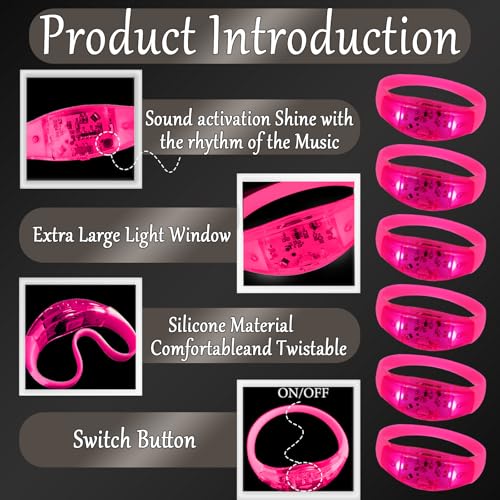 150 Pcs LED Glow Bracelets Sound Activated Light Up Bracelets for Adults Glow in the Dark Party Supplies Birthday Party Favors for Christmas, Halloween, Rave, New Year, Concert - color: Pink