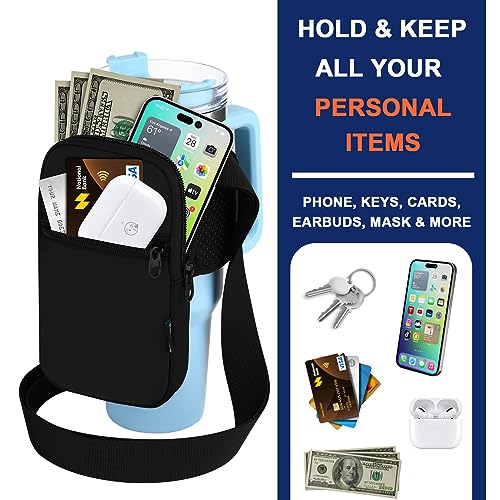 Gym Water Bottle Pouch for Stanley Tumbler with Handle, Universal Water Bottle Carrier Sling Sleeve with Strap & Pocket, Fits for A Variety of Stanley Tumbler, Gym Water Bottles for Owala, 40-128 oz