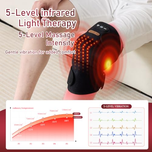 Red Light Therapy Knee Massage, with Heat & Vibration,660nm 940nm 850nm Near Infrared, Wireless 5000mAh Controller, 30‑Min Auto‑Off, for Knee Elbow Shoulder (BLACK-1-PACK) - size: BLACK-1-PACK