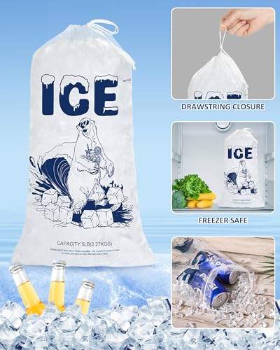 5lb Ice Bags with Drawstring – 50 Pack Reusable Heavy-Duty Plastic Ice Cube Bags for Freezer, Ice Maker, Coolers, Camping, Storage, Leak-Resistant & Food Safe - size: 50PACK