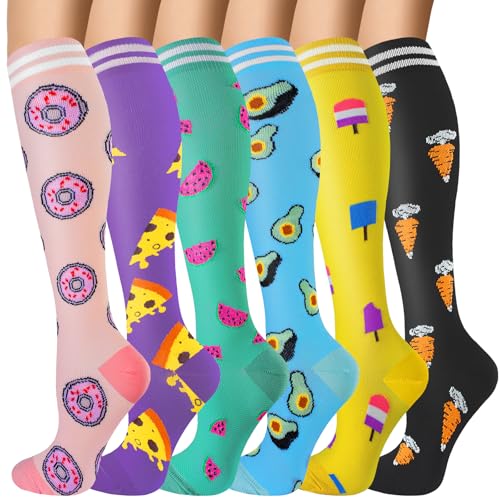 6 Pairs 20-30 mmHg Knee High Compression Socks, Unisex, Running, Travel - color: D-doughnut, size: Large-X-Large