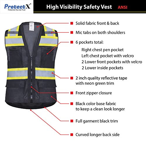ProtectX High Visibility ANSI Class 2 Safety Vest with 6 Pockets - color: Black - Solid Fabric, size: 4X-Large