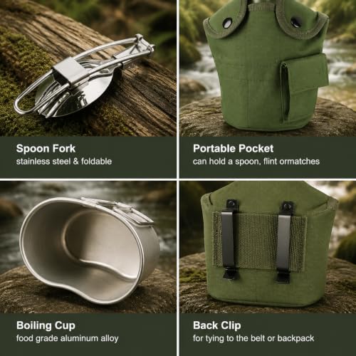 BeGrit Army Canteen Stainless Steel Cup w/Spoon Fork for Backpacking