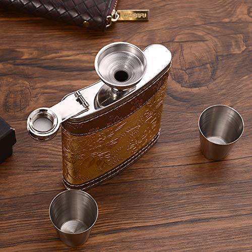 Golden pattern 8 Oz Flask Gift Hip Flask Stainless Steel(304/18-8 SS).Bonus 2 Shot Glass+1Funnel+1Giftbox.Flask Leak Proof Tested.Flask for Liquor/Alcohol.Flask for Men/Women