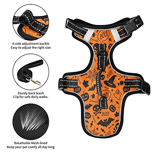 Halloween Skull Pumpkin Dog/Cat Harness, Reflective No-Pull Pet Harness with 2 Leash Clips, Fully Adjustable Soft Padded Dog Vest, No-Choke Pet Oxford Vest - color: Halloween Skull Pumpkin, size: S