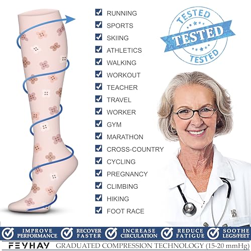 FEYHAY Copper Compression Socks (3 Pairs) 15-20 mmHg Circulation is Best Athletic & Daily for Men & Women, Running, Climbing - color: 18 Flower 4, size: Large-X-Large