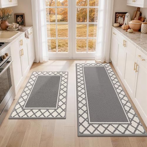 COSY HOMEER Washable Kitchen Rugs Sets of 2 Non-Slip Kitchen Mats,Grey - color: Grey, size: 20"x30" + 20"x48"