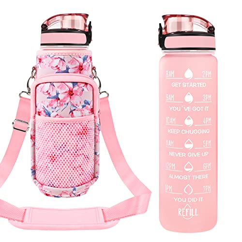 32 oz Water Bottles with Strap & Straw, Sport Motivational Water Bottles - color: Pink Peach Blossoms