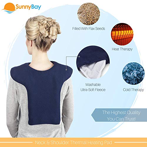 SunnyBay Shoulder and Upper Back Heating Pad, Microwavable Heated Neck and Shoulder Wrap, Weighted Moist Pain Relief Pack with Washable Cover and Flax Seed Filling, Medium, Navy Blue - size: Medium