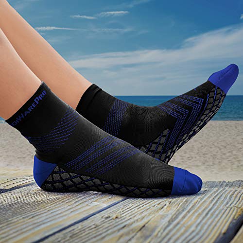 TechWare Pro Plantar Fasciitis Socks – Cushion Ankle Compression Socks Women & Men. Achilles Tendonitis Brace & Arch Support - color: Black / Blue, size: Small