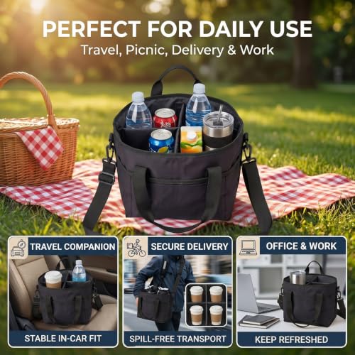 Drink Carrier Tote Bag, Family Size 4 Compartment Drink Carrier - color: Black