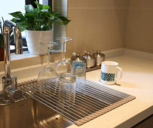 Ahyuan Roll up Dish Drying Rack Over The Sink Kitchen Roll up Sink Drying Rack Stainless Still Portable Drainer Foldable Dish Rack (Warm Gray, 17.8''X13.5'') - color: Warm Gray, size: Rectangle 17.8 inches x 13.5 inches