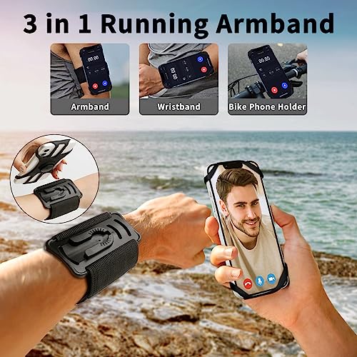 3in1 Running Sports Armband+Wristband+Bicycle Phone Holder,360° Rotation & Detachable Compatible with 4.5-7" Cellphone for iPhone 17/16/15/Pro/ProMax/14/13/mini/Pro Max/XS/XR - color: Black