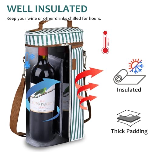 Tirrinia 2 Bottle Insulated Wine Tote Carrier Bag - color: Green Stripe, size: 2 Bottle-without front pocket