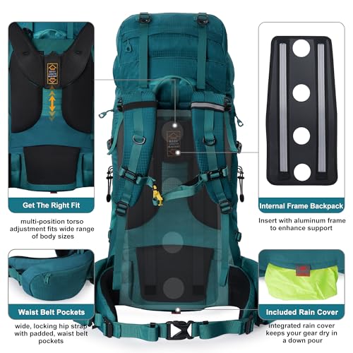 N NEVO RHINO Internal Frame Hiking Backpack 50/60/65/70/80L with Rain Cover - color: 15 Green, size: 65+5L