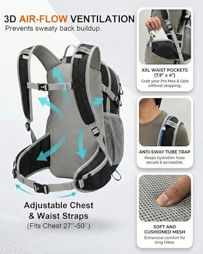 VPBAGE Hydration Backpack with 2L Bladder – Thermal Insulated Water Pack for Hiking, Skiing, Running – Lightweight Daypack for Men & Women, Soft-Lined Sunglasses Pocket & Large Waist Pockets - color: Black