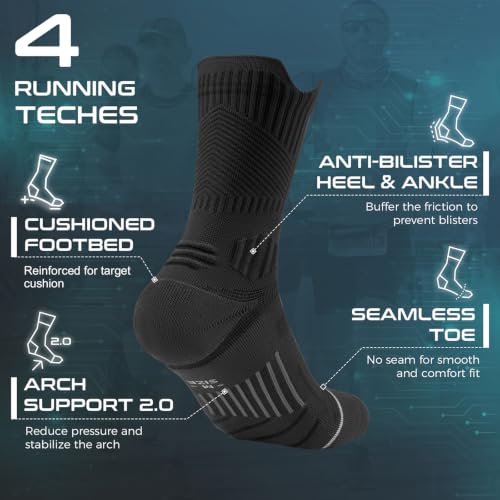 Rahhint Running Socks Crew for Long Run Coolmax Targeted Cushioned - color: Black, size: 3-6