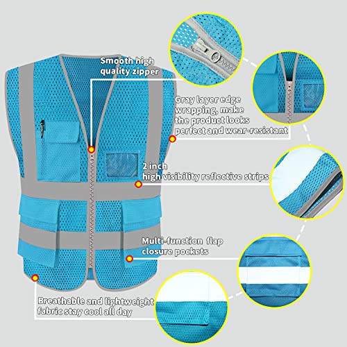 HYCOPROT High Visibility Mesh Safety Reflective Vest with Pockets and Zipper, Meets ANSI/ISEA Standards - color: Skyblue, size: XX-Large