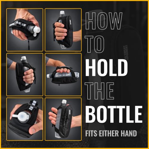 Handheld Running Water Bottle with Large Phone Holder – 12oz Grip-Free Hydration Flask with Pocket for Cards & Keys – Adjustable Strap for Walking, Running, Hiking