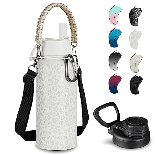 KXIAOCHEN Insulated Water Bottle with Strap, 48-Hour Cold, 2 Lids - color: White Leoqard, size: 32 Ounces