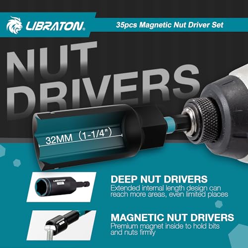 LIBRATON Magnetic Nut Driver Set, 35PCs Impact Driver Bit Set, Metric & SAE