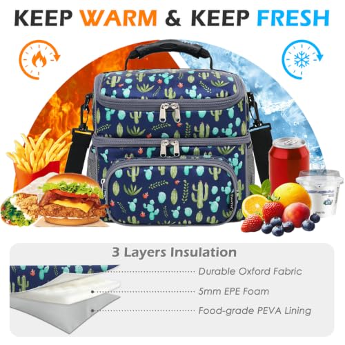 FlowFly Double Layer Cooler Insulated Lunch Bag Adult Lunch Box Large Tote Bag for Men, Women, With Adjustable Strap,Front Pocket and Dual Large Mesh Side Pockets - color: Cactus