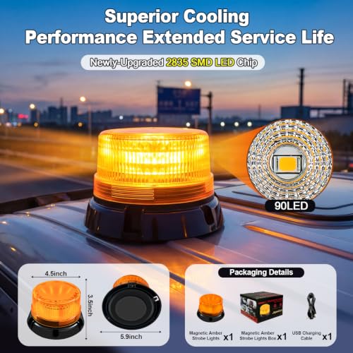 1-Pack Amber Strobe Beacon Light, Rechargeable LED, Magnetic Base