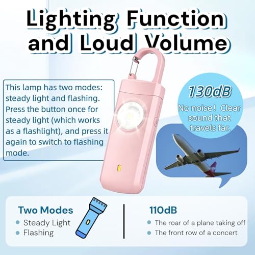 130dB Rechargeable Personal Alarm with Strobe Light & Low Battery Indicator - color: Pink