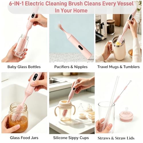 Electric Bottle Brush, Rechargeable Auto Spinning Bottle Cleaner, All-in-One Cleaning Kit with Multi Brush Heads & Stir Stick for Baby Bottles & Drinkware, Great Household Helper and Ideal Gift - color: Light Pink