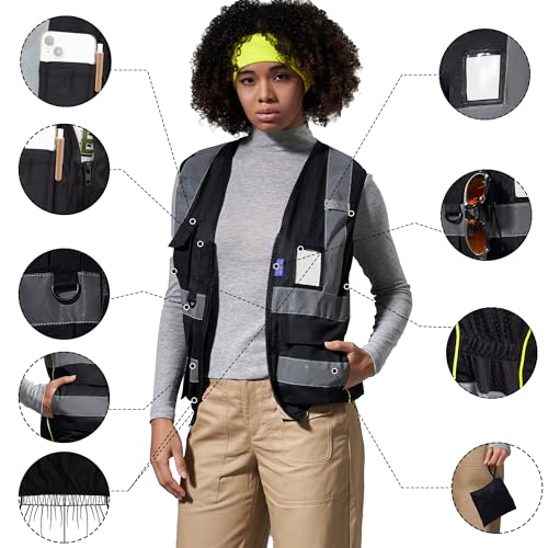 A-SAFETY High Vis Safety Vest for Women - Reflective Strips, Multi-Pockets, Zipper Closure - color: Black, size: X-Small