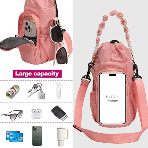 Wongeto Water Bottle Holder with Strap,25oz/40oz/64oz Water Bottle Carrier Sling Bag with Phone Pocket Crossbody Adjustable Shoulder with Hand Strap for Walking - color: Pink