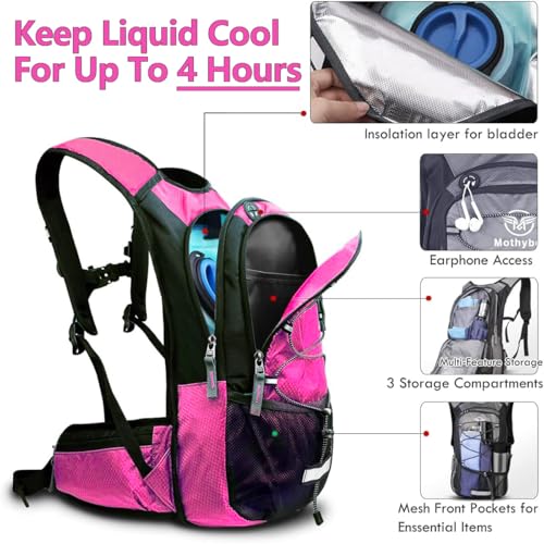 Mothybot Insulated Hydration Backpack Pack with 3L BPA Free Leak Proof Water Bladder, Large Storage Lightweight Hiking Daypack with Waist Pouches & Cooler Layer, for Running, Biking, Camping, Festival - color: Pink