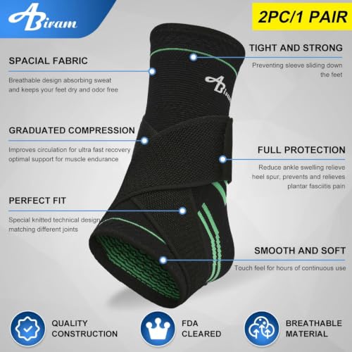 ABIRAM Ankle Brace Compression Sleeve with Adjustable Support Strap - color: Green, size: Small