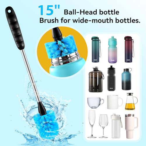 SLUXKE Long Handle Bottle Brush Set with Straw Cleaner Brush and 3 in 1 Cup Lid Cleaning Brush, Water Bottle Cleaner with Stainless Steel Handle for Cleaning Cup, Water Bottles, Tumblers, Baby Bottles - color: Blue