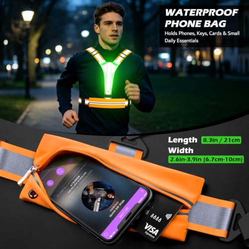 LED Reflective Vest Running Gear Set,USB Rechargeable Light Up Running Vest for Runners Night Walking with Waterproof Phone Bag,High Visibility Armband,Adjustable Waist&Shoulder for Men Women - color: Orange