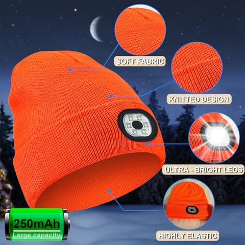 Beanie with Light, Unisex Hat with Light, 3 Modes Rechargeable Headlamp Beanie, Removable LED Flashlight Hat for Running, Camping, Hunting, Cycling, Night Activities, Gifts for Men & Women (Orange)