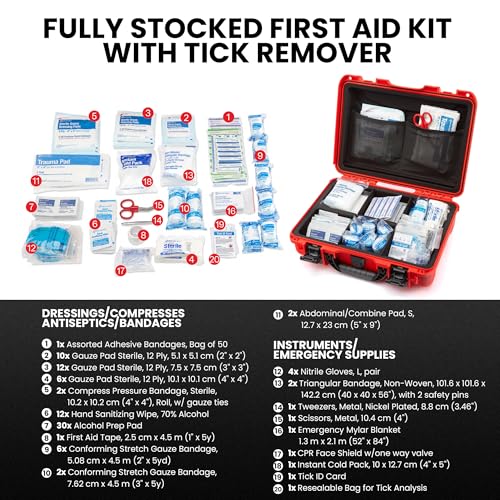 NANUK 910 Waterproof First Aid Kit 146pcs – Durable, Pre-Stocked First Aid Emergency Kit with Bandages, Tick Removal Tool, and More – Dustproof, Impact-Resistant, Floats (14.3" x 11.1" x 4.7") – Red - size: 910 First Aid Kit – 145 Pcs