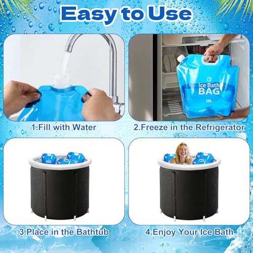 4 Pcs Ice Bath Bags, 10 L Reusable Cold Plunge Accessories Portable Bathtub Ice Packs Large Cold Water Freezer Bag with Handle for Home Outdoor Bathtub Bucket, Blue