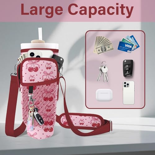 Water Bottle Carrier Bag for Stanley Cup 40/30oz, Neoprene Water Bottle Holder Pouch with 3 Pocket Adjustable Shoulder & Hand Strap - color: Pink Cherry Heart Bow