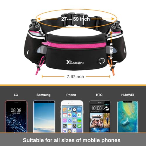 Number-one Running Belt with Water Bottles(2 x 175ML), Hydration Belt Waterproof Waist Pack Bag Fits iPhones Adjustable Sports Waist Pouch for Marathon Running Hiking Cycling, Rose Red