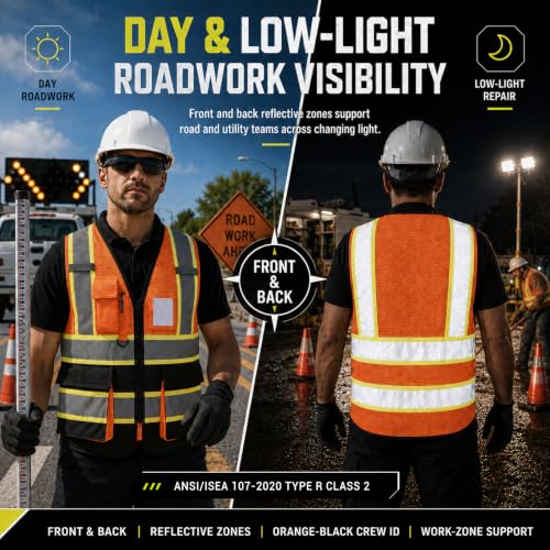 A-SAFETY Mesh High Vis Vest, Reflective Construction Vest with Pockets - color: Orange&black, size: Small