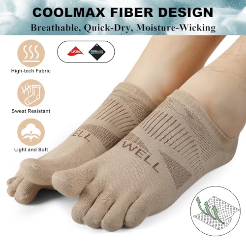 VWELL No Show Toe Socks for Men Women COOLMAX Five Finger Socks Athletic Running Ankle Low Cut 5 Toe Socks (3Pairs) - color: Light Brown, size: Medium