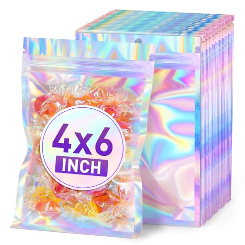 ANZNKU Holographic Mylar Bags 4x6 Resealable 50PCS Candy Goodie Bags Bulk - color: Holographic, size: 4x6 Inch