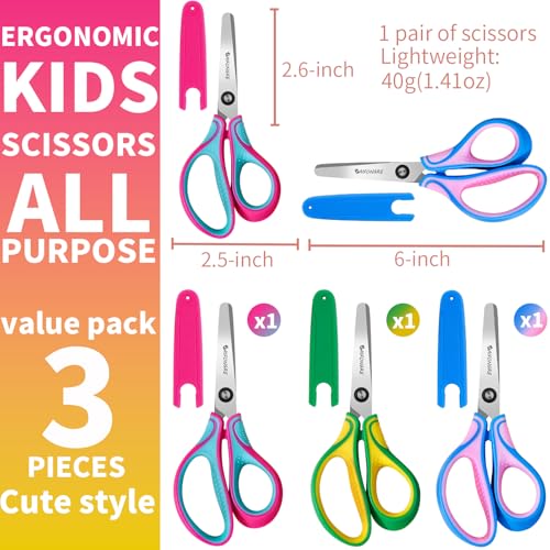 Kids Safety Scissors Ages 5-12 for School, 6" Soft Comfort Grip 3-Pack