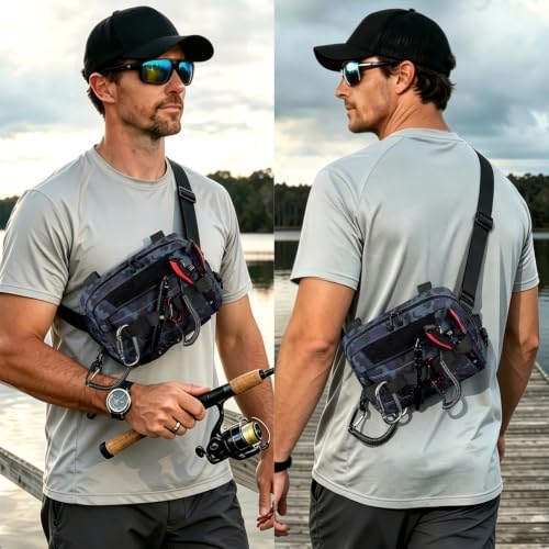 Outdoor Chest Bag for Men, Water-Resistant Fishing Chest Pack, Tactical Vest for Running, Cycling, Hiking - color: Blue Camo